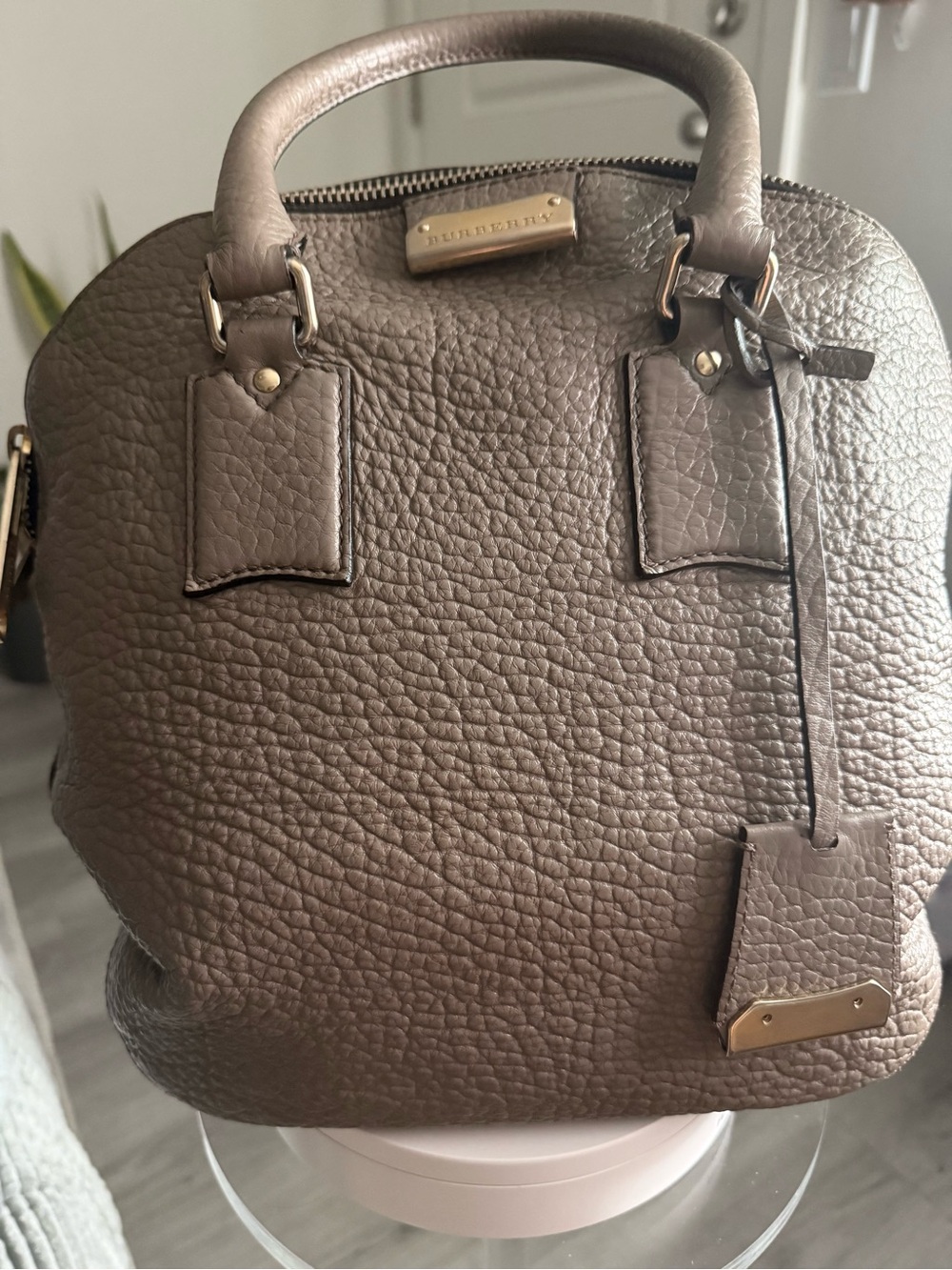 Pre-owned Burberry Taupe Pebbled Leather Top-Handle Satchel with Gold Hardware